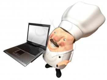 Royalty Free 3d Clipart Image of a Chef Holding a Laptop Computer