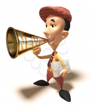 Royalty Free 3d Clipart Image of a Paperboy With an Armful of Newspapers and Talking into a Megaphone