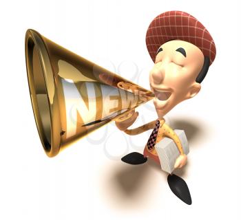 Royalty Free 3d Clipart Image of a Paperboy With an Armful of Newspapers and Talking into a Megaphone