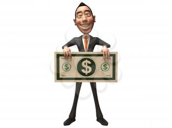 Royalty Free 3d Clipart Image of an Asian Businessman Holding a Large Dollar Bill