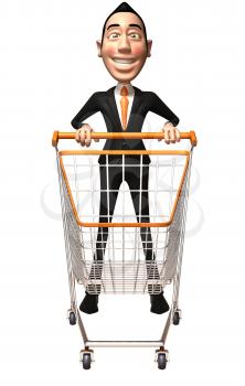 Royalty Free 3d Clipart Image of an Asian Businessman Pushing a Shopping Cart