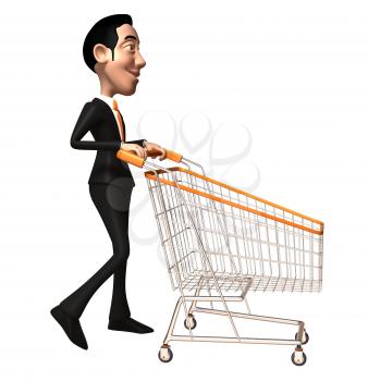 Royalty Free 3d Clipart Image of an Asian Businessman Pushing a Shopping Cart