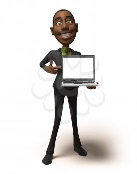 Royalty Free 3d Clipart Image of an African American Businessman Holding and Pointing to a Laptop Computer