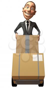 Royalty Free 3d Clipart Image of a Businessman Pushing a Dolly Cart with Cartons on it.