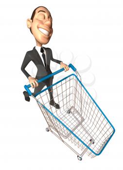 Royalty Free 3d Clipart Image of a Businessman Pushing a Shopping Cart