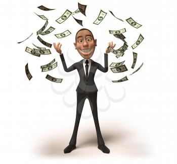 Royalty Free 3d Clipart Image of a Businessman With Money Raining Down Around Him