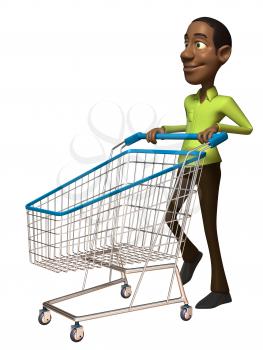 Royalty Free 3d Clipart Image of an African American Man Pushing a Shopping Cart