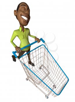 Royalty Free 3d Clipart Image of an African American Man Pushing a Shopping Cart