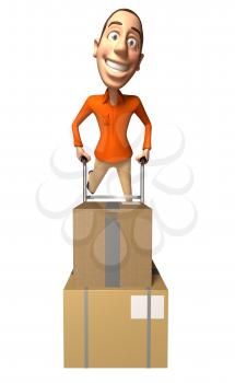 Royalty Free 3d Clipart Image of a Man Pushing a Dolly Cart with Cartons on it