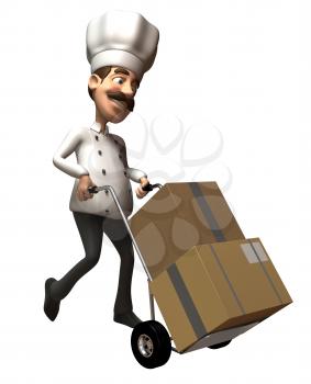 Royalty Free 3d Clipart Image of a Chef Pushing a Dolly Cart with Cartons on it