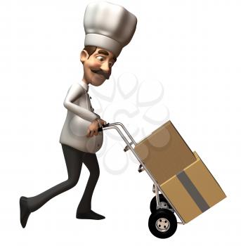 Royalty Free 3d Clipart Image of a Chef Pushing a Dolly Cart with Cartons on it