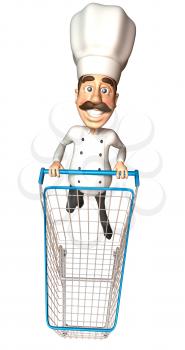 Royalty Free 3d Clipart Image of a Chef Pushing a Shopping Cart