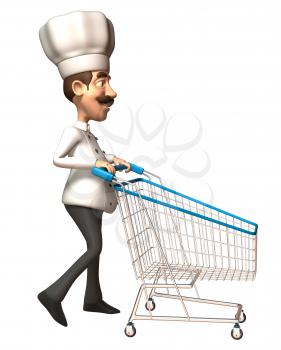 Royalty Free 3d Clipart Image of a Chef Pushing a Shopping Cart