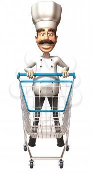 Royalty Free 3d Clipart Image of a Chef Pushing a Shopping Cart