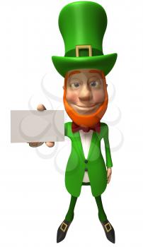 Royalty Free 3d Clipart Image of a Leprechaun Holding a Business Card