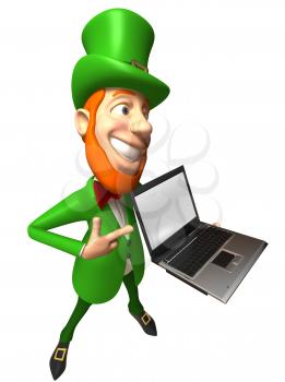 Royalty Free 3d Clipart Image of a Leprechaun Holding a Laptop Computer