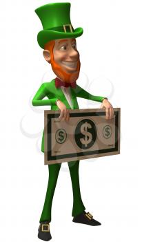 Royalty Free 3d Clipart Image of an Leprechaun Holding a Large Dollar Bill