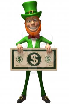 Royalty Free 3d Clipart Image of an Leprechaun Holding a Large Dollar Bill
