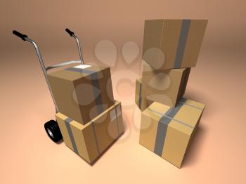 Royalty Free 3d Clipart Image of a Dolly Cart and a Stack of Boxes