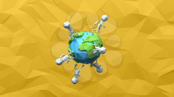 Paper men walking around the earth