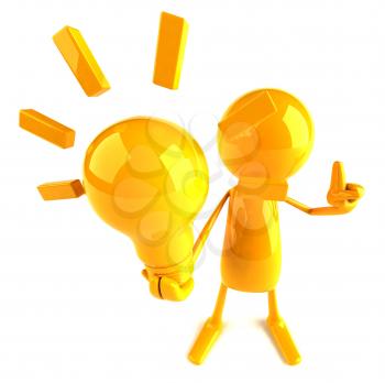 Royalty Free 3d Clipart Image of a Yellow Guy Holding a Large Lightbulb