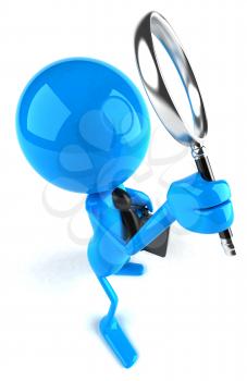 Royalty Free 3d Clipart Image of a Blue Guy Holding a Briefcase and Magnifying Glass