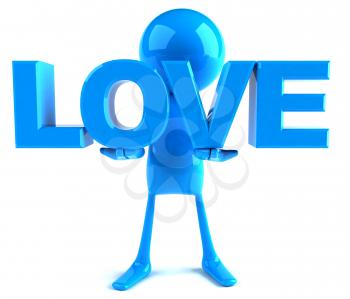 Royalty Free 3d Clipart Image of a Blue Guy Holding Large Letters that Spell Love