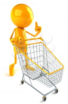 Royalty Free 3d Clipart Image of a Yellow Guy Pushing a Shopping Cart