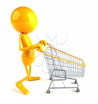 Royalty Free 3d Clipart Image of a Yellow Guy Pushing a Shopping Cart