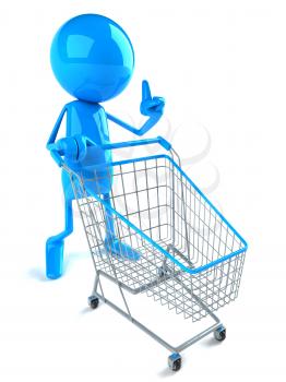 Royalty Free 3d Clipart Image of a Blue Guy Pushing a Shopping Cart