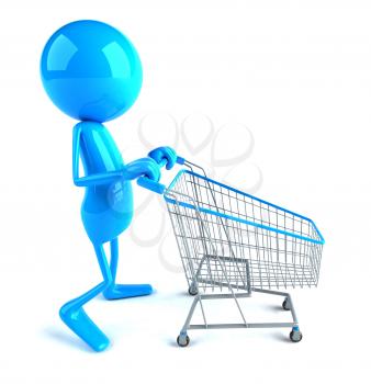 Royalty Free 3d Clipart Image of a Blue Guy Pushing a Shopping Cart