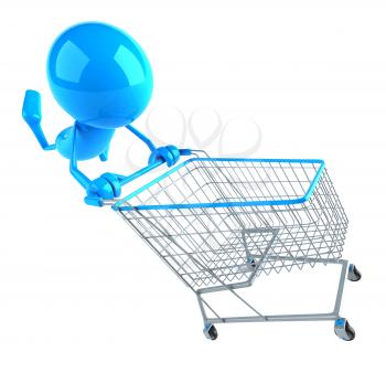 Royalty Free 3d Clipart Image of a Blue Guy Pushing a Shopping Cart