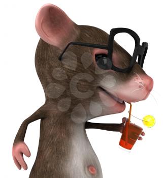 Royalty Free 3d Clipart Image of a Mouse Wearing Black Rimmed Glasses Sipping a Drink