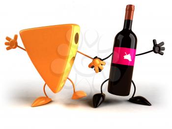 Royalty Free 3d Clipart Image of a Block of Cheese and Wine