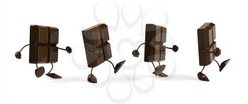 Royalty Free Clipart Image of a Group of Chocolate Pieces Walking in a Row