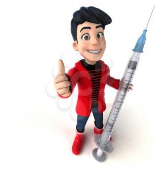 Fun 3D cartoon teenage boy with a syringe