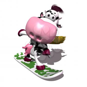 Royalty Free 3d Clipart Image of a Cow Riding a Snowboard