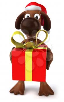 Royalty Free 3d Clipart Image of a Dog Wearing a Santa Hat and Holding a Gift