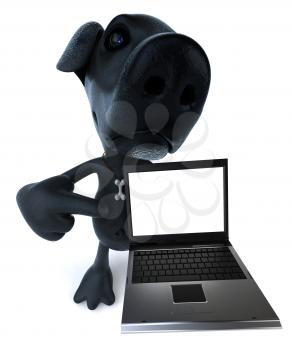 Royalty Free 3d Clipart Image of a Black Dog Holding a Laptop Computer