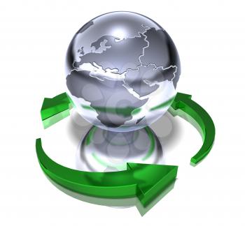 Royalty Free 3d Clipart Image of a Globe Surrounded by Green Arrows