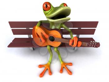 Royalty Free 3d Clipart Image of a Frog Sitting on a Bench Playing a Guitar