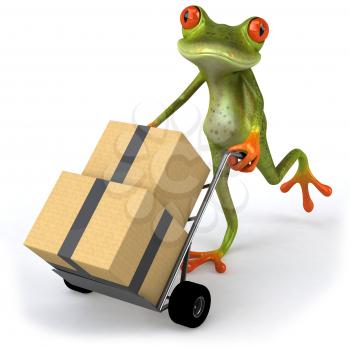 Royalty Free 3d Clipart Image of a Frog Pushing a Dolly Cart with Boxes on it