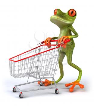 Royalty Free 3d Clipart Image of a Frog Pushing a Shopping Cart