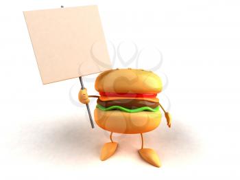 Royalty Free 3d Clipart Image of a Hamburger Holding a Blank Sign