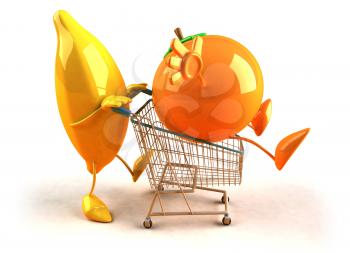 Royalty Free 3d Clipart Image of a Banana Pushing a Orange in a Shopping Cart