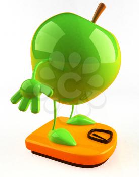 Royalty Free 3d Clipart Image of a Green Apple Standing on a Scale