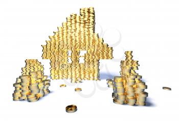 Royalty Free 3d Clipart Image of Gold Coins Stacked in the Shape of a House