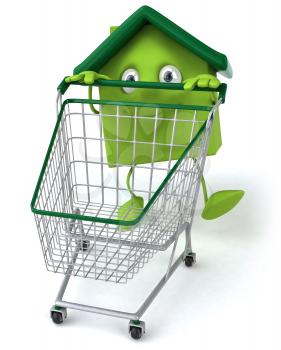 Royalty Free 3d Clipart Image of a House Pushing a Shopping Cart