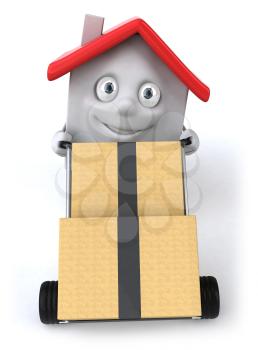 Royalty Free 3d Clipart Image of a House Pushing a Dolly Carts With Boxes