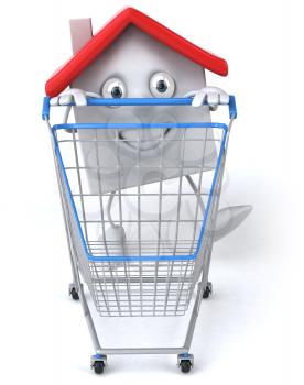 Royalty Free 3d Clipart Image of a House Pushing a Shopping Cart